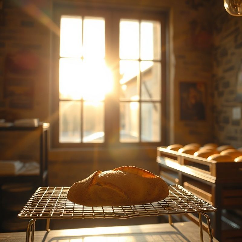 Golden-hour light across a cooling sourdough loaf inside the Mintcpixel bakery