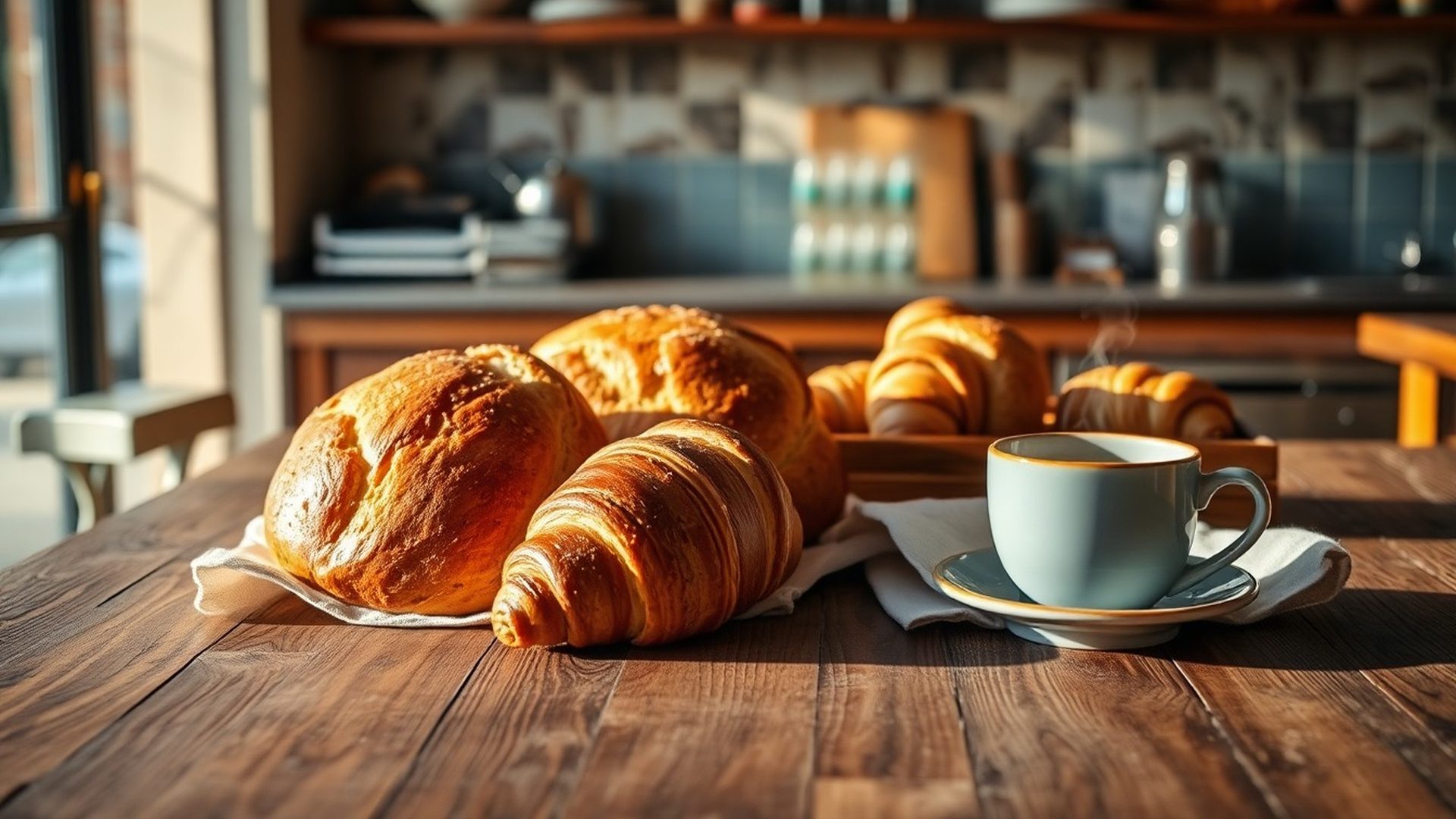 Amber-gold sourdough loaves and croissants on a wooden counter with a ceramic espresso cup